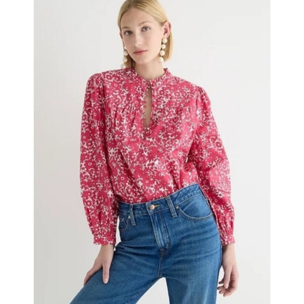 J. Crew Pink White Floral Long Sleeve Popover Top Blouse Size XXS